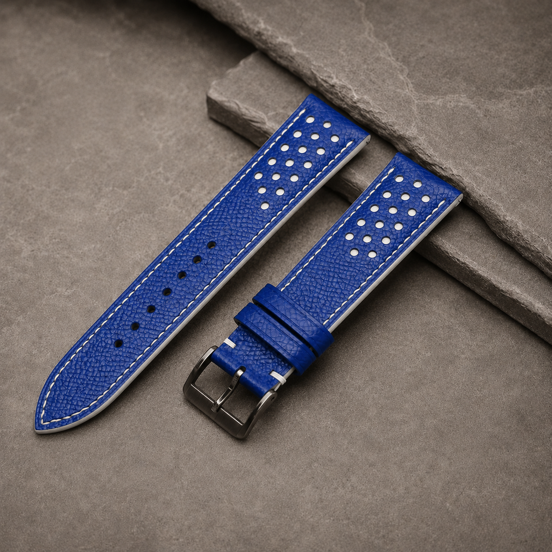 Blue And White Small Racing Epsom Leather Watch Strap - Handmade