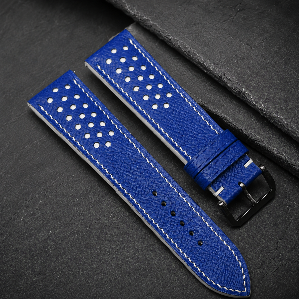 Blue And White Small Racing Epsom Leather Watch Strap - Handmade