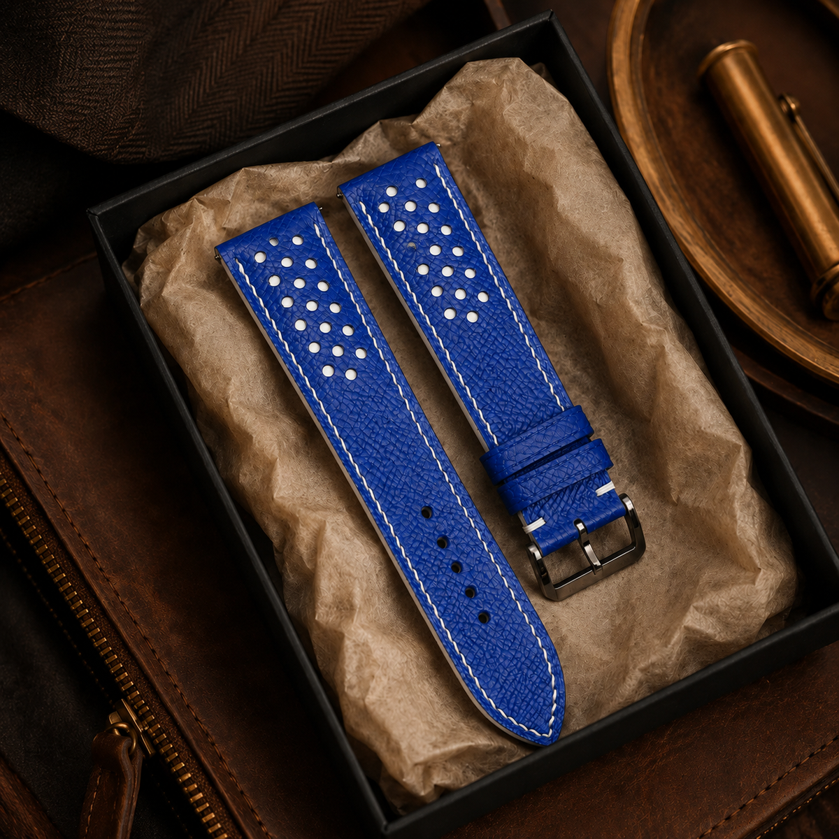 Blue And White Small Racing Epsom Leather Watch Strap - Handmade