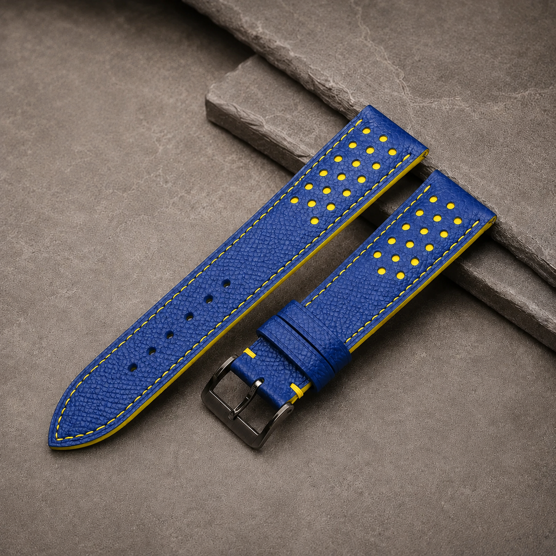 Blue And Yellow Small Racing Epsom Leather Watch Strap - Handmade