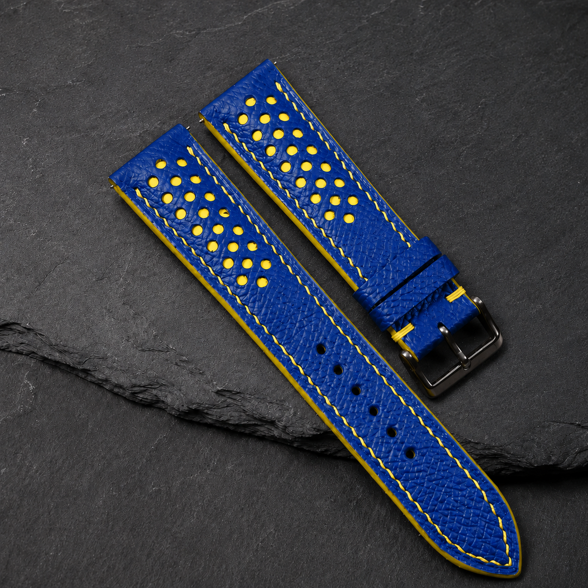 Blue And Yellow Small Racing Epsom Leather Watch Strap - Handmade