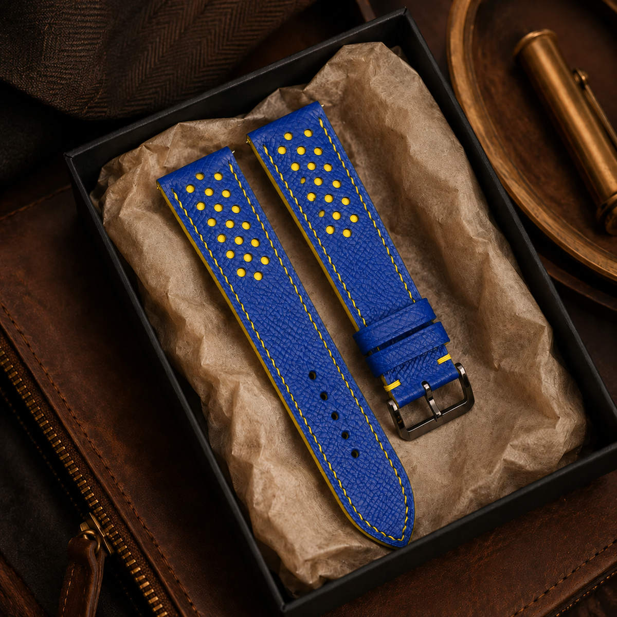 Blue And Yellow Small Racing Epsom Leather Watch Strap - Handmade
