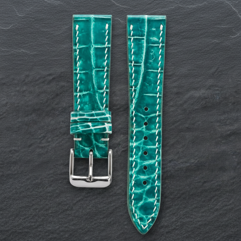 Aqua Green Hand Alligator Leather Watch Strap - Handmade