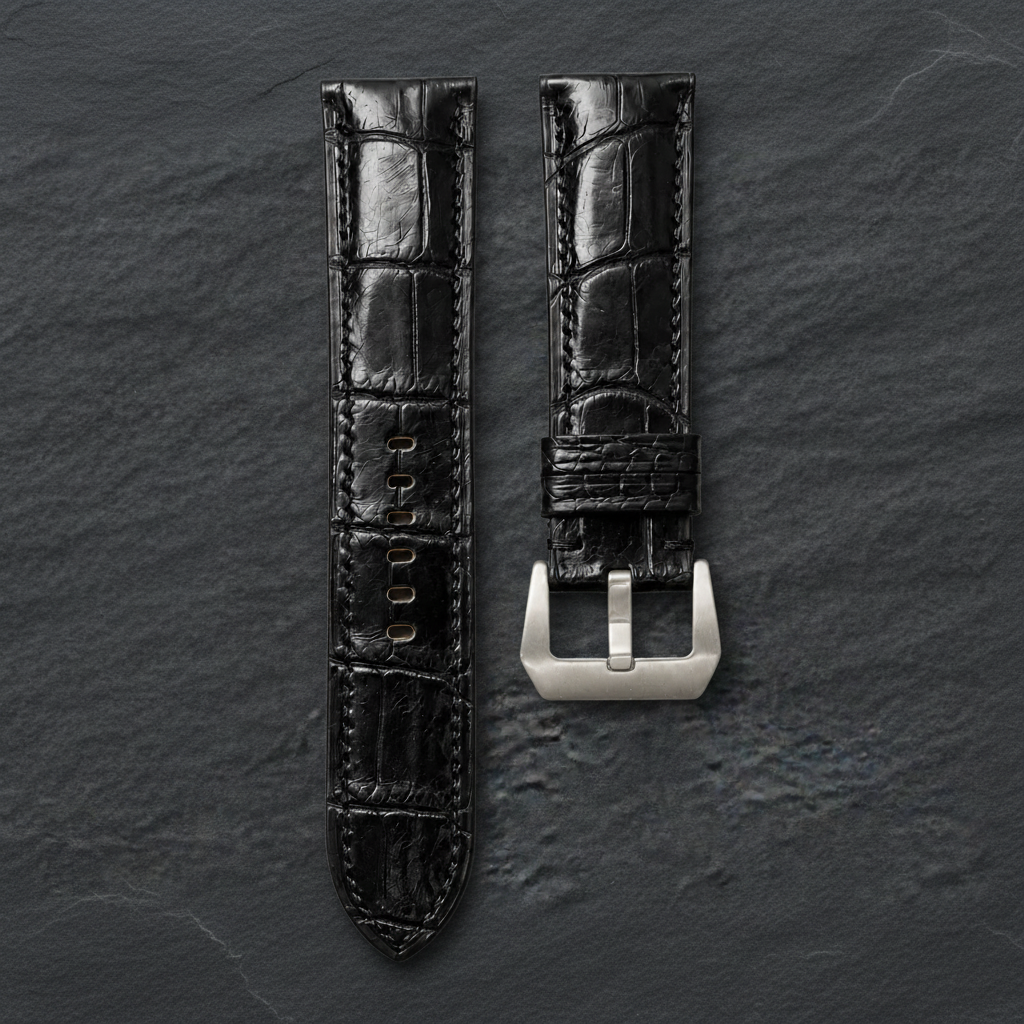 Black Alligator Leather Watch Strap - Handmade