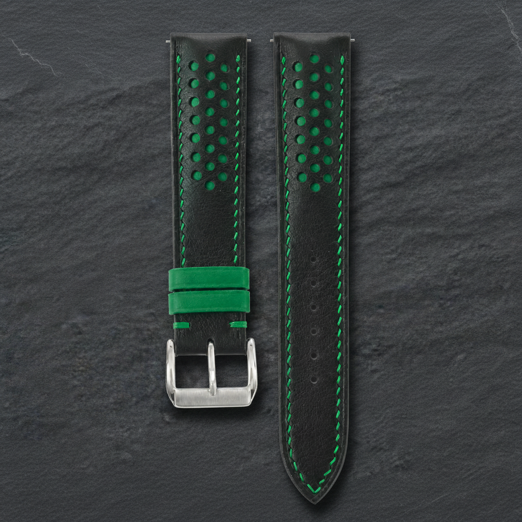 Black And Green Racing Swift Leather Watch Strap - Handmade