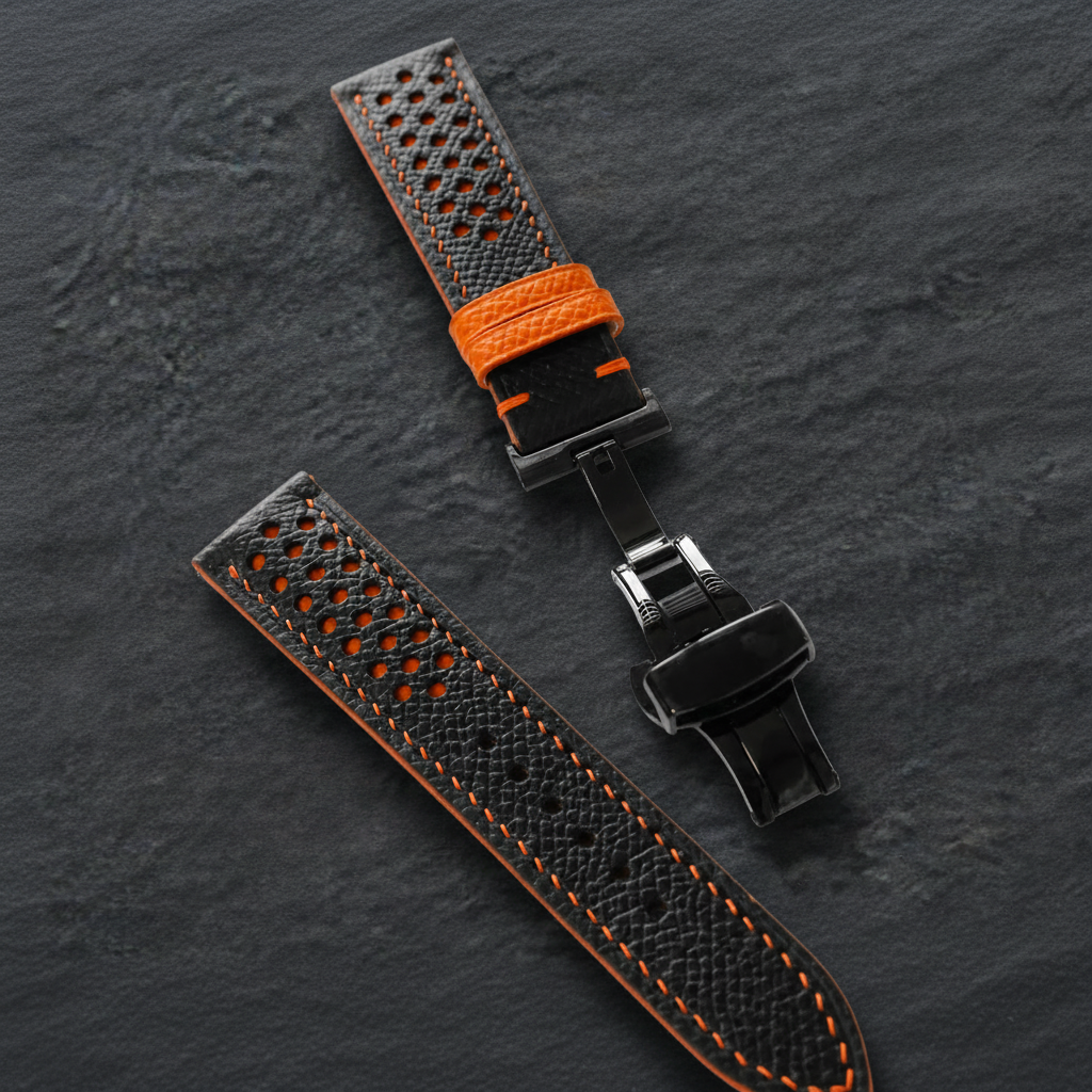 Black And Orange Epsom Leather Watch Strap - Handmade