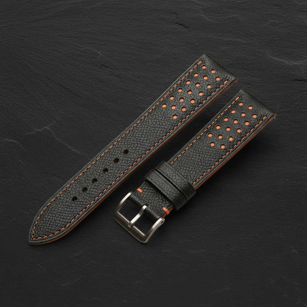 Black and Orange Racing Epsom Leather Watch Strap - Handmade Quick Release Band
