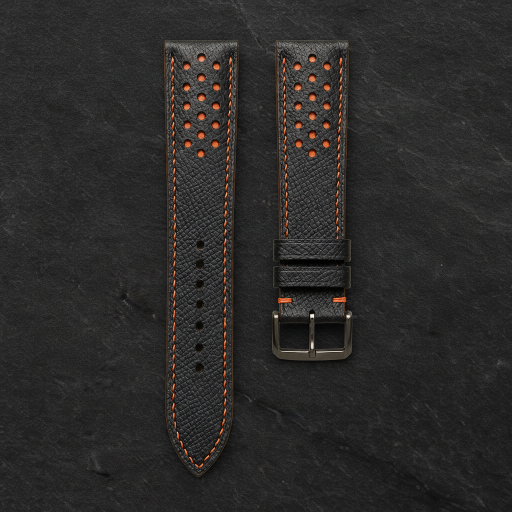 Black and Orange Racing Epsom Leather Watch Strap - Handmade Quick Release Band