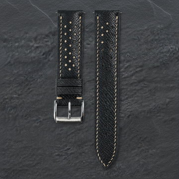 Black Beige Racing Epsom Leather Watch Strap - Handmade