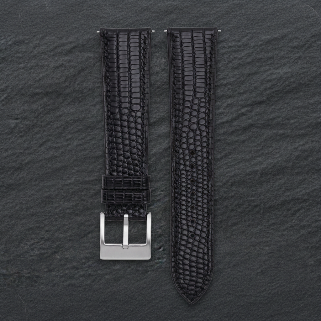 Black Black Lizard Leather Watch Strap - Handmade