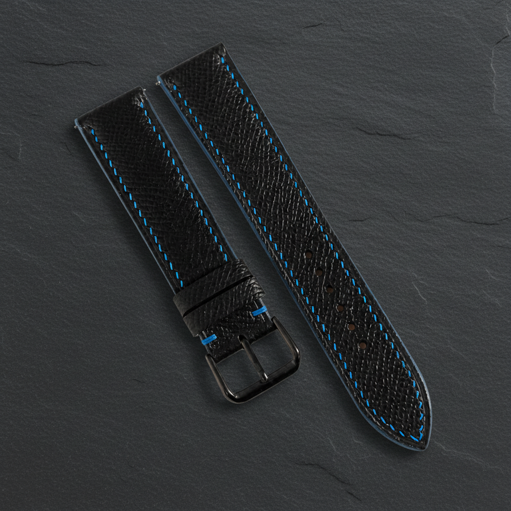Black Blue Epsom Leather Watch Strap - Handmade