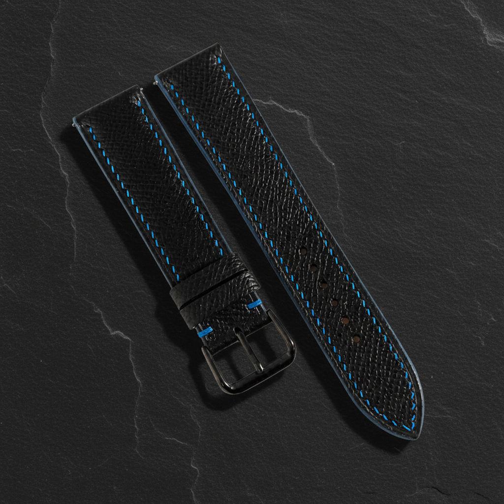 Black Blue Epsom Leather Watch Strap - Handmade Quick Release Band