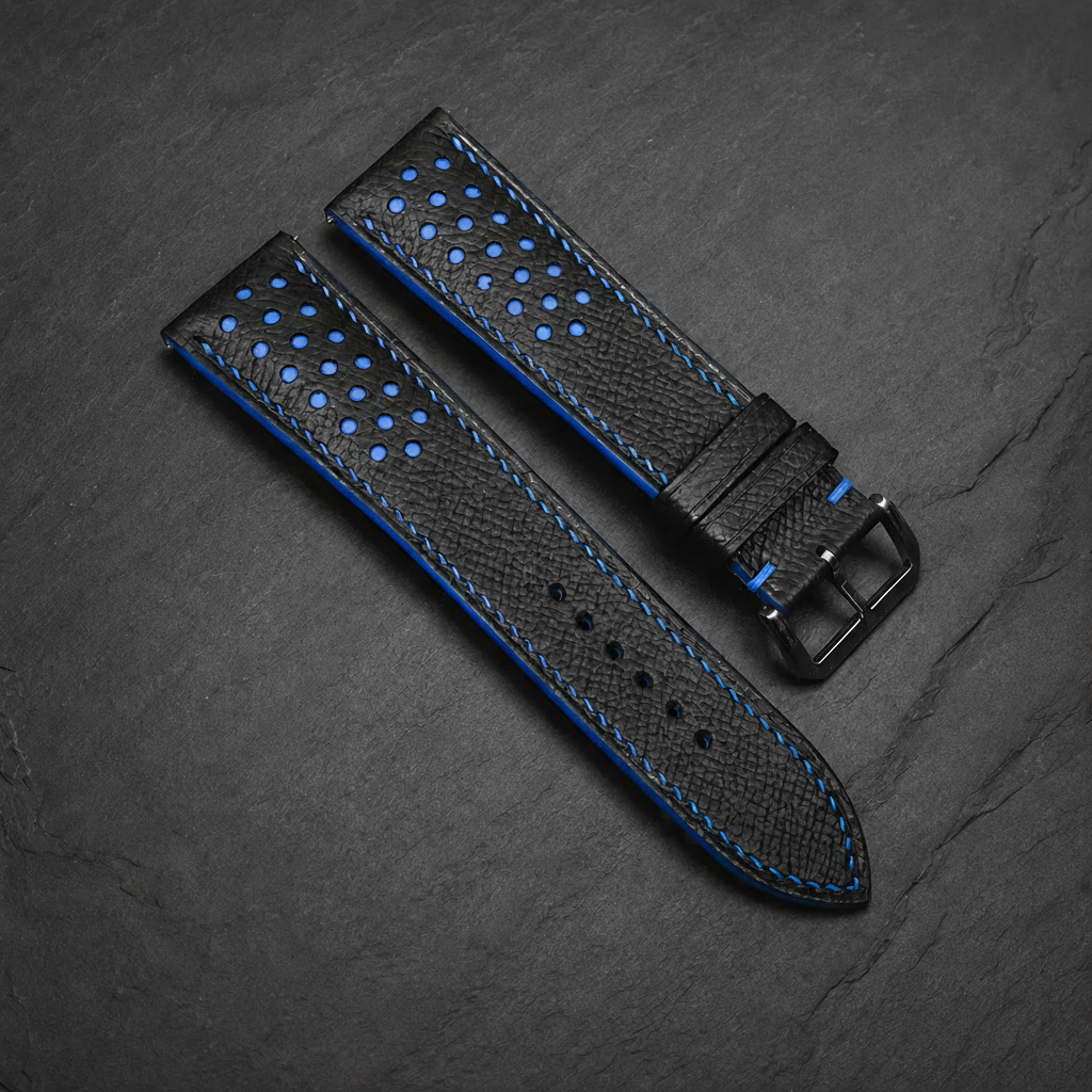Black Blue Racing Epsom Leather Watch Strap - Handmade