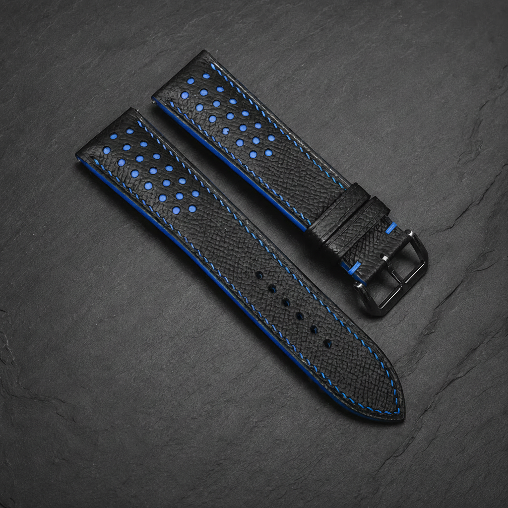 Black Blue Racing Epsom Leather Watch Strap - Handmade Quick Release Band