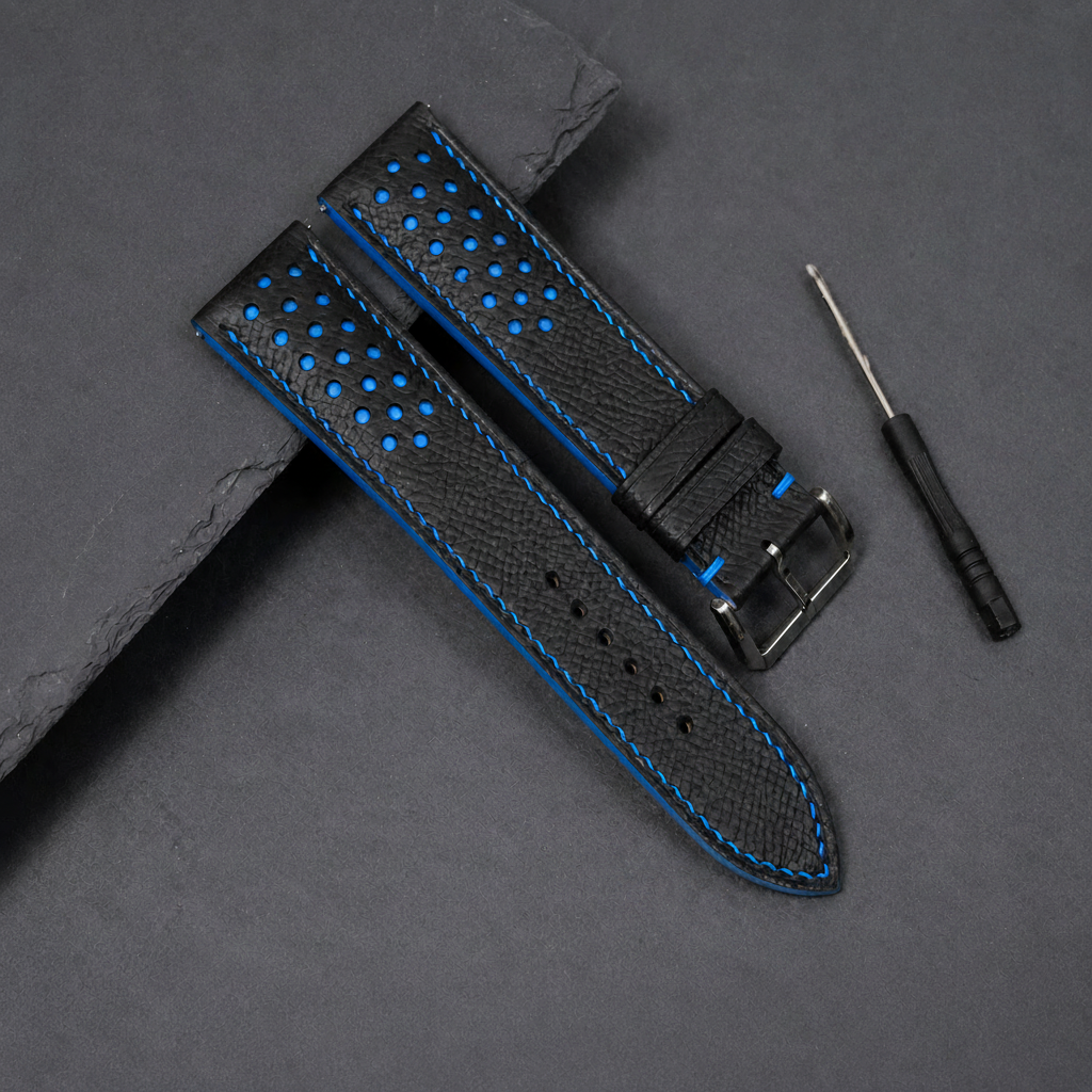 Black Blue Racing Epsom Leather Watch Strap - Handmade Quick Release Band