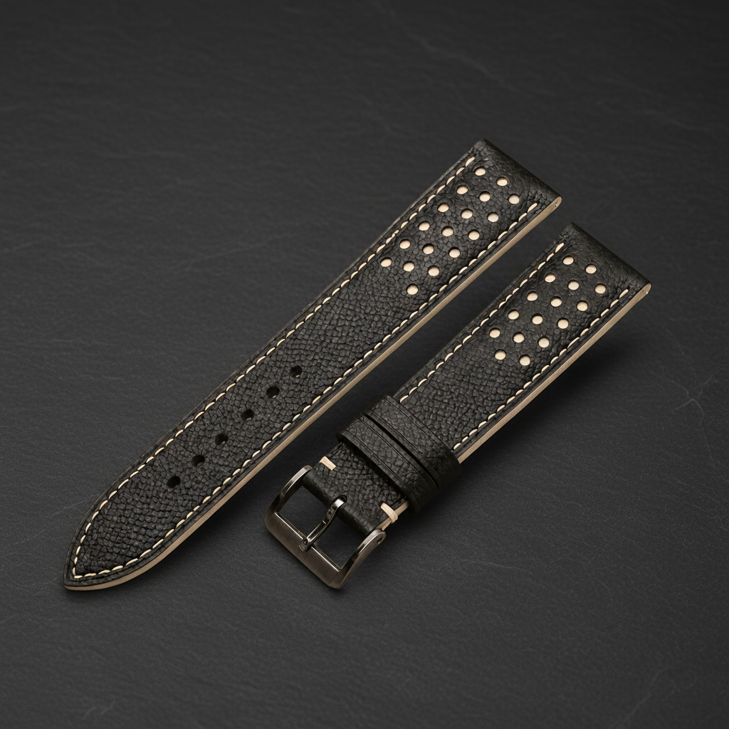 Black Cream Beige Racing Epsom Leather Watch Strap - Handmade Quick Release Band