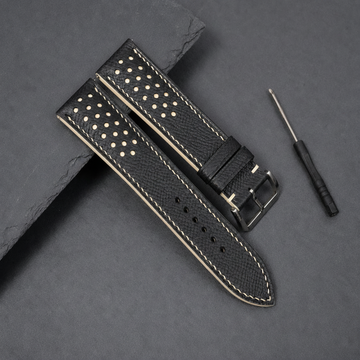 Black Cream Beige Racing Epsom Leather Watch Strap - Handmade