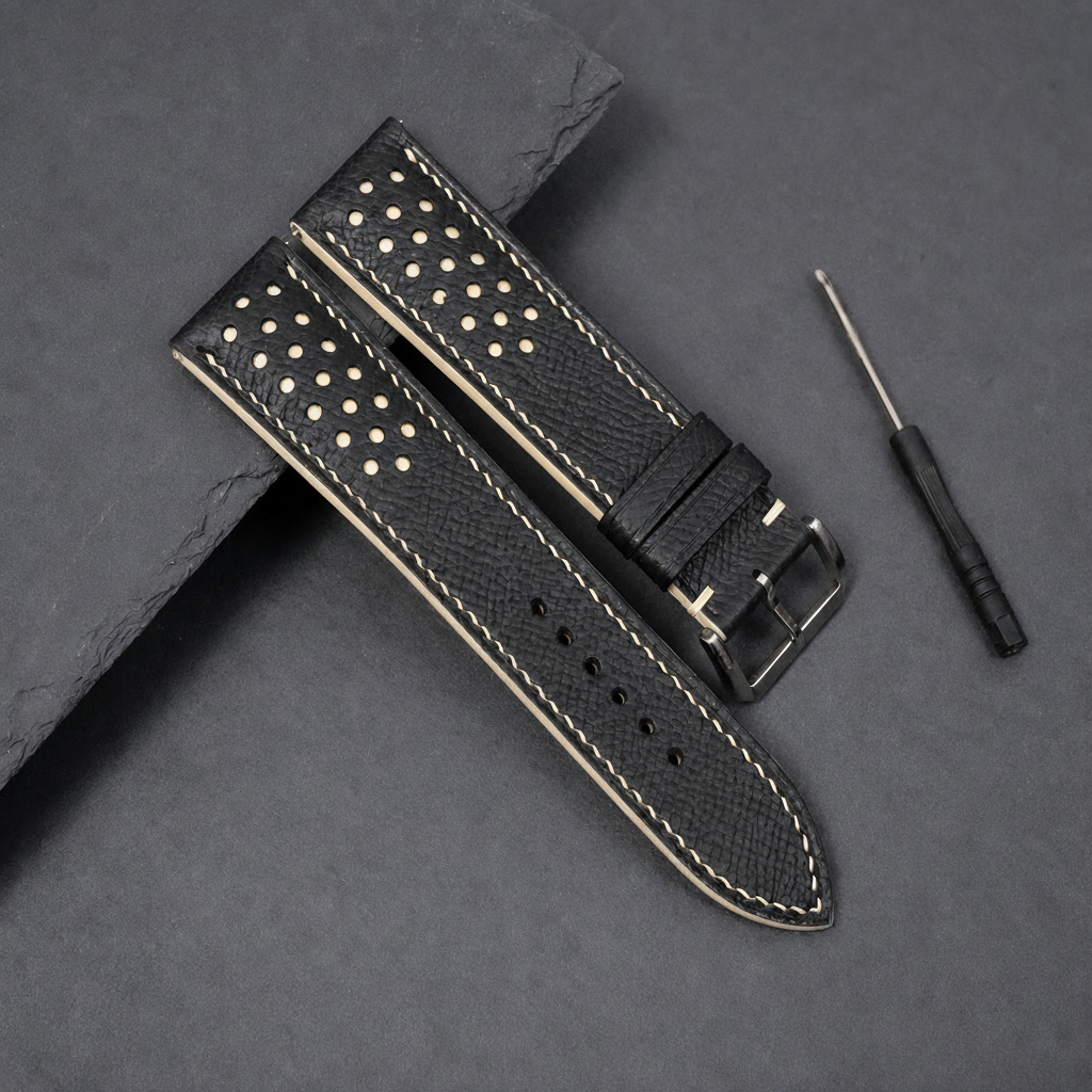 Black Cream Beige Racing Epsom Leather Watch Strap - Handmade Quick Release Band