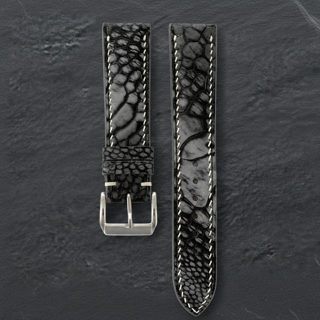 Black Nubuck Ostrich Leather Watch Strap - Handmade