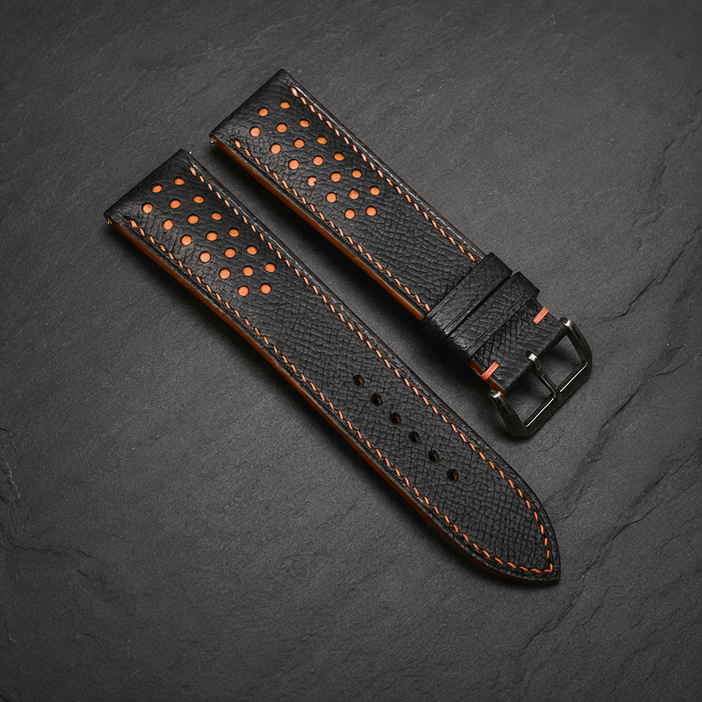Black Orange Racing Epsom Leather Watch Strap - Handmade