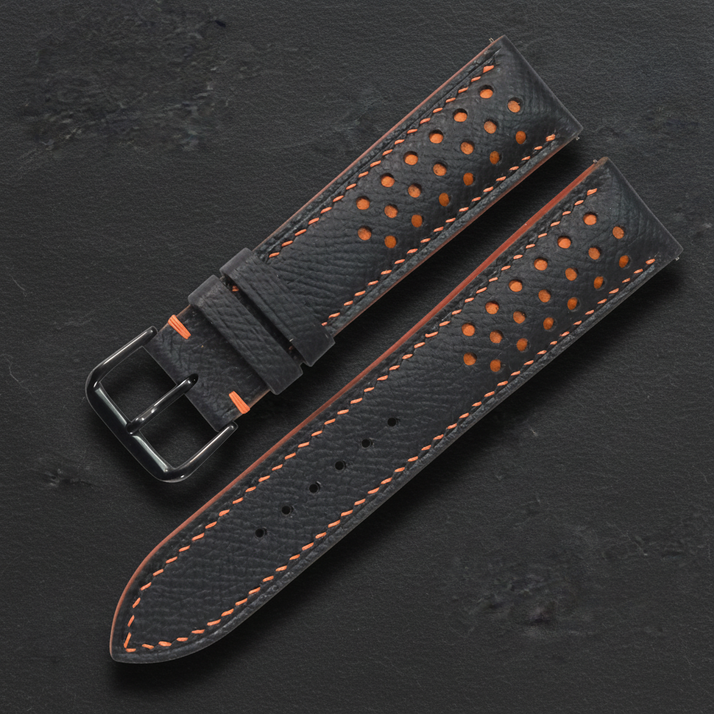 Black Orange Racing Epsom Leather Watch Strap - Handmade Quick Release Band