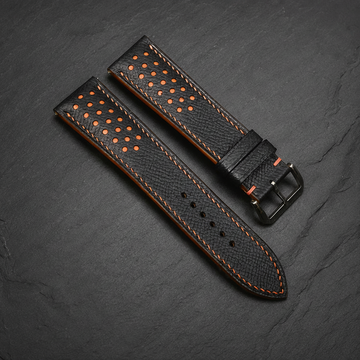 Black Orange Racing Epsom Leather Watch Strap - Handmade