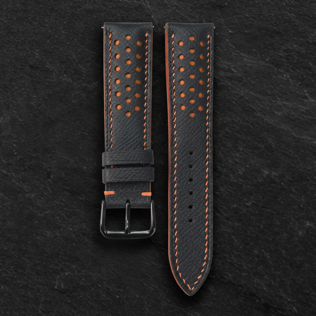 Black Orange Racing Epsom Leather Watch Strap - Handmade Quick Release Band