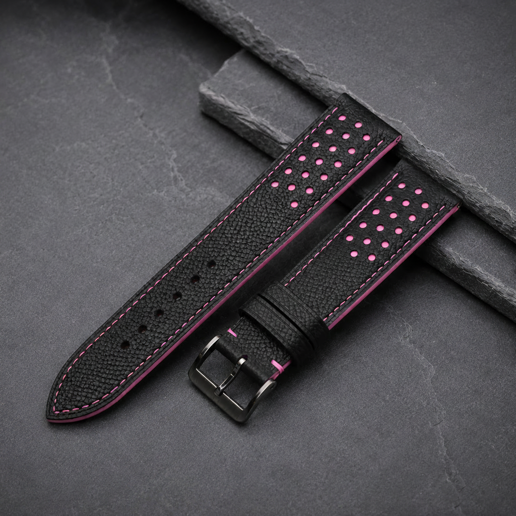 Black Pink Racing Epsom Leather Watch Strap - Handmade Quick Release Band