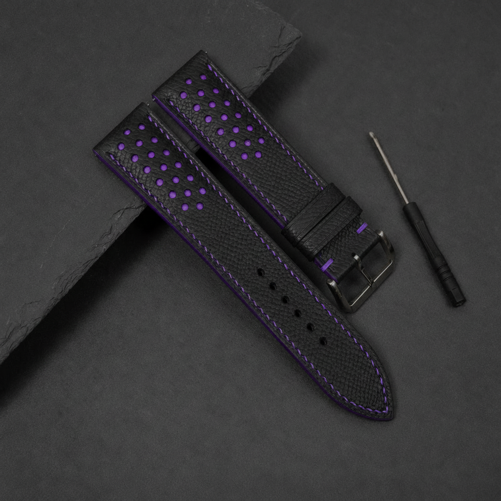 Black Purple Racing Epsom Leather Watch Strap - Handmade Quick Release Band