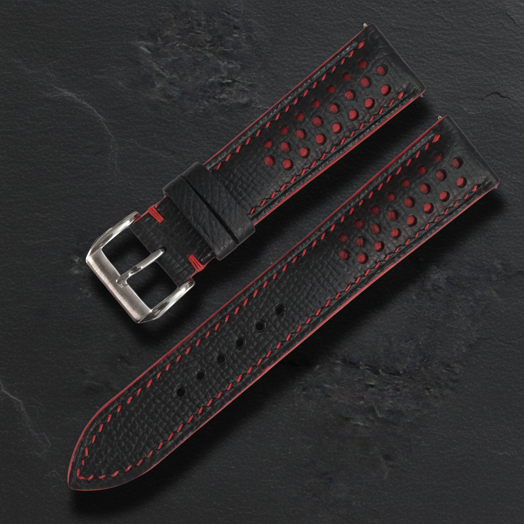 Black Red Racing Epsom Leather Watch Strap - Handmade Quick Release Band