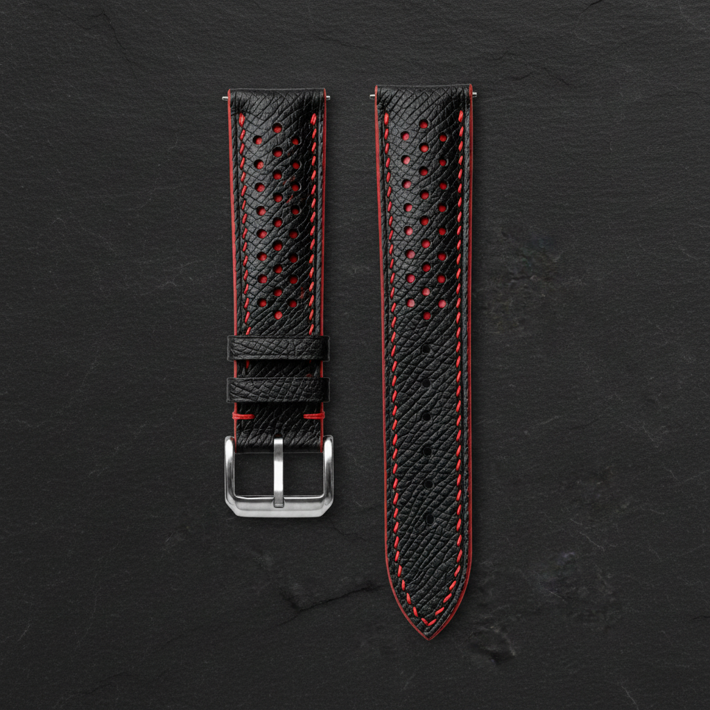 Black Red Racing Epsom Leather Watch Strap - Handmade Quick Release Band