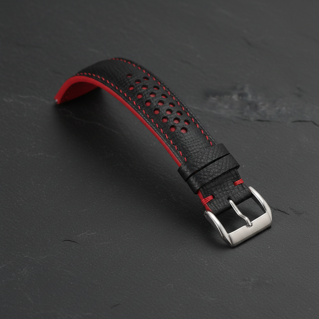Black Red Racing Epsom Leather Watch Strap - Handmade Quick Release Band
