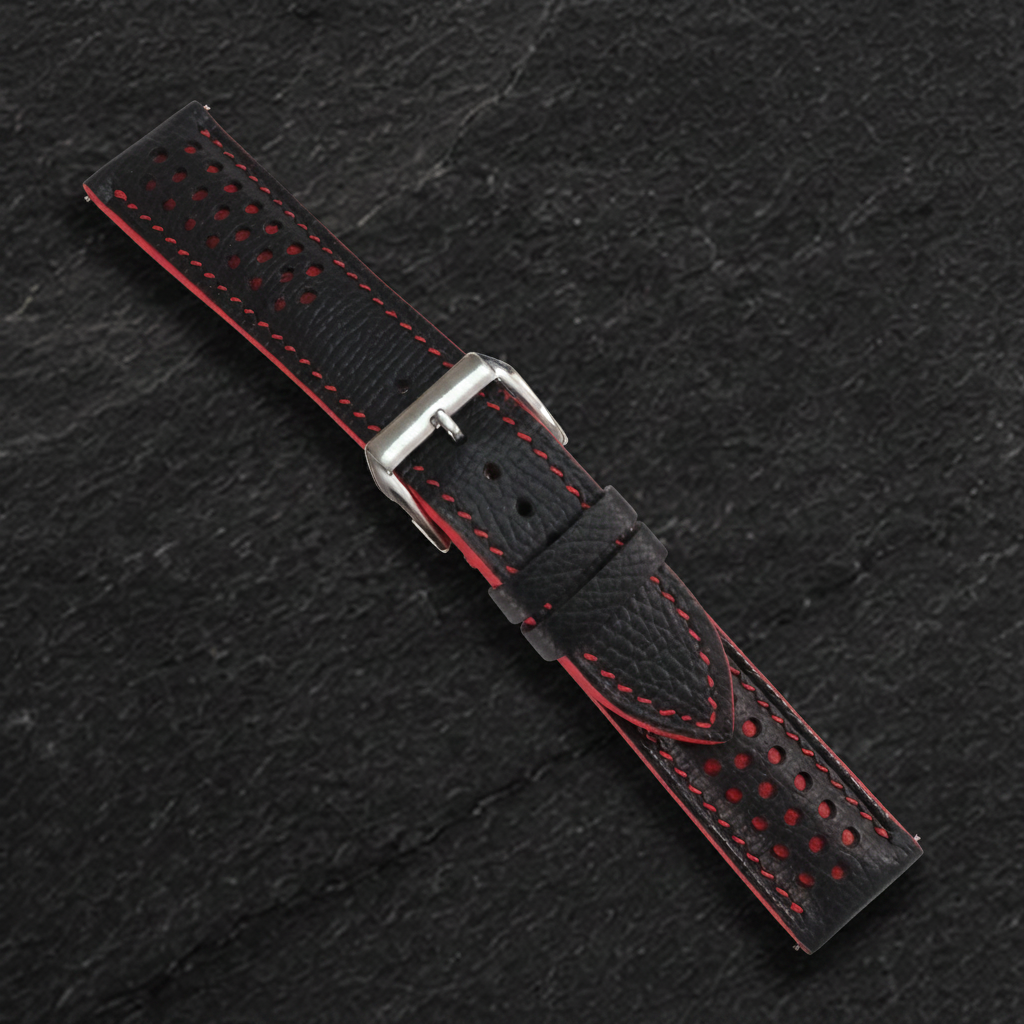 Black Red Racing Epsom Leather Watch Strap - Handmade Quick Release Band