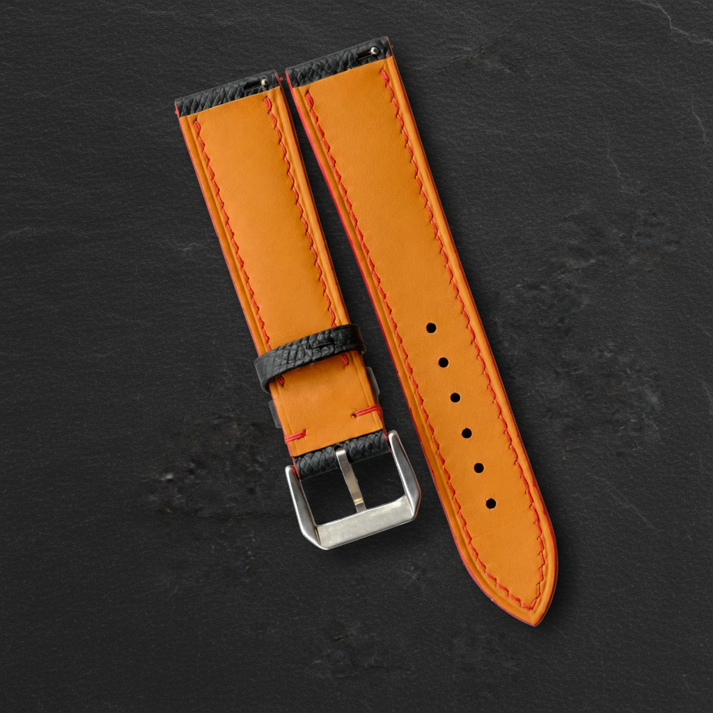 Black Red Racing Epsom Leather Watch Strap - Handmade Quick Release Band