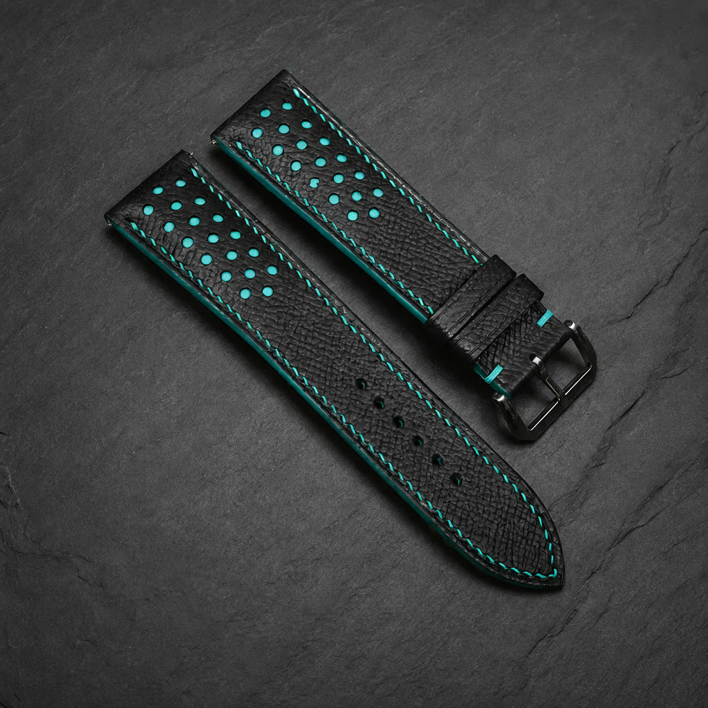Handmade Black Turquoise Racing Epsom Leather Watch Strap