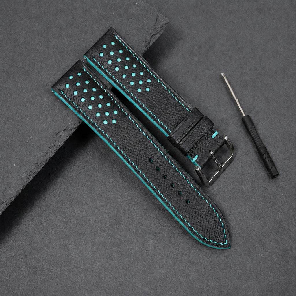 Black Turquoise Racing Epsom Leather Watch Strap - Handmade Quick Release Band