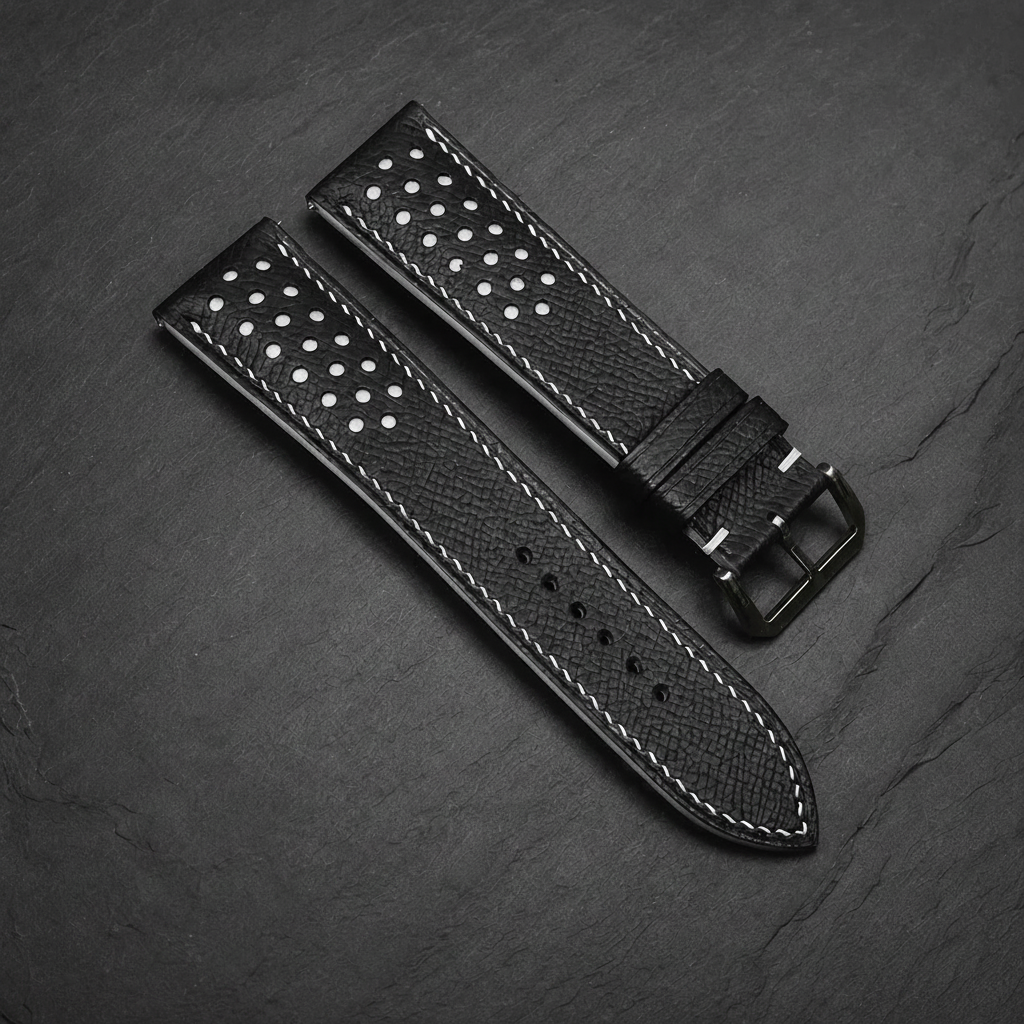 Black White Racing Epsom Leather Watch Strap - Handmade