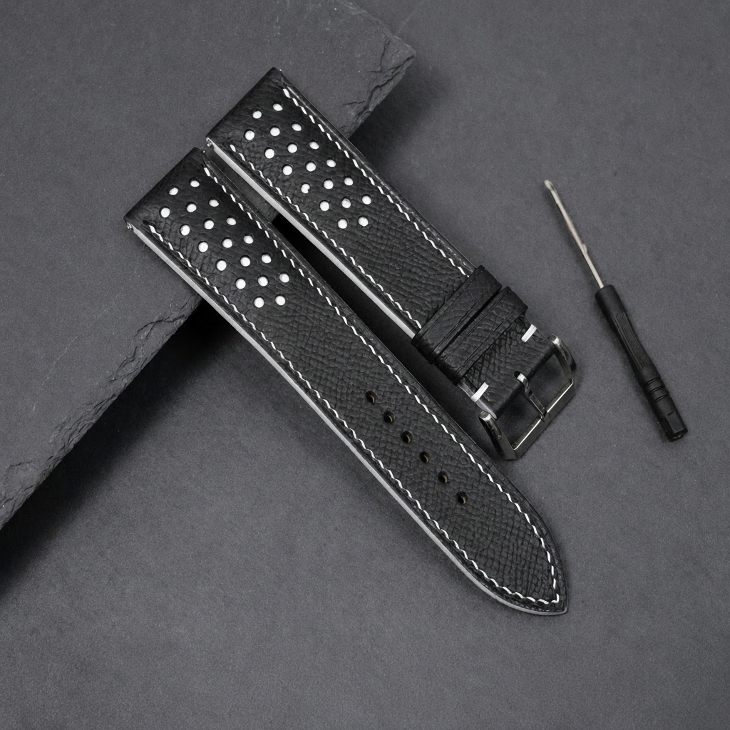 Black White Racing Epsom Leather Watch Strap - Handmade Quick Release Band