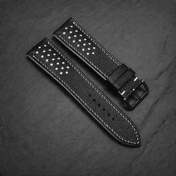 Black White Racing Epsom Leather Watch Strap - Handmade