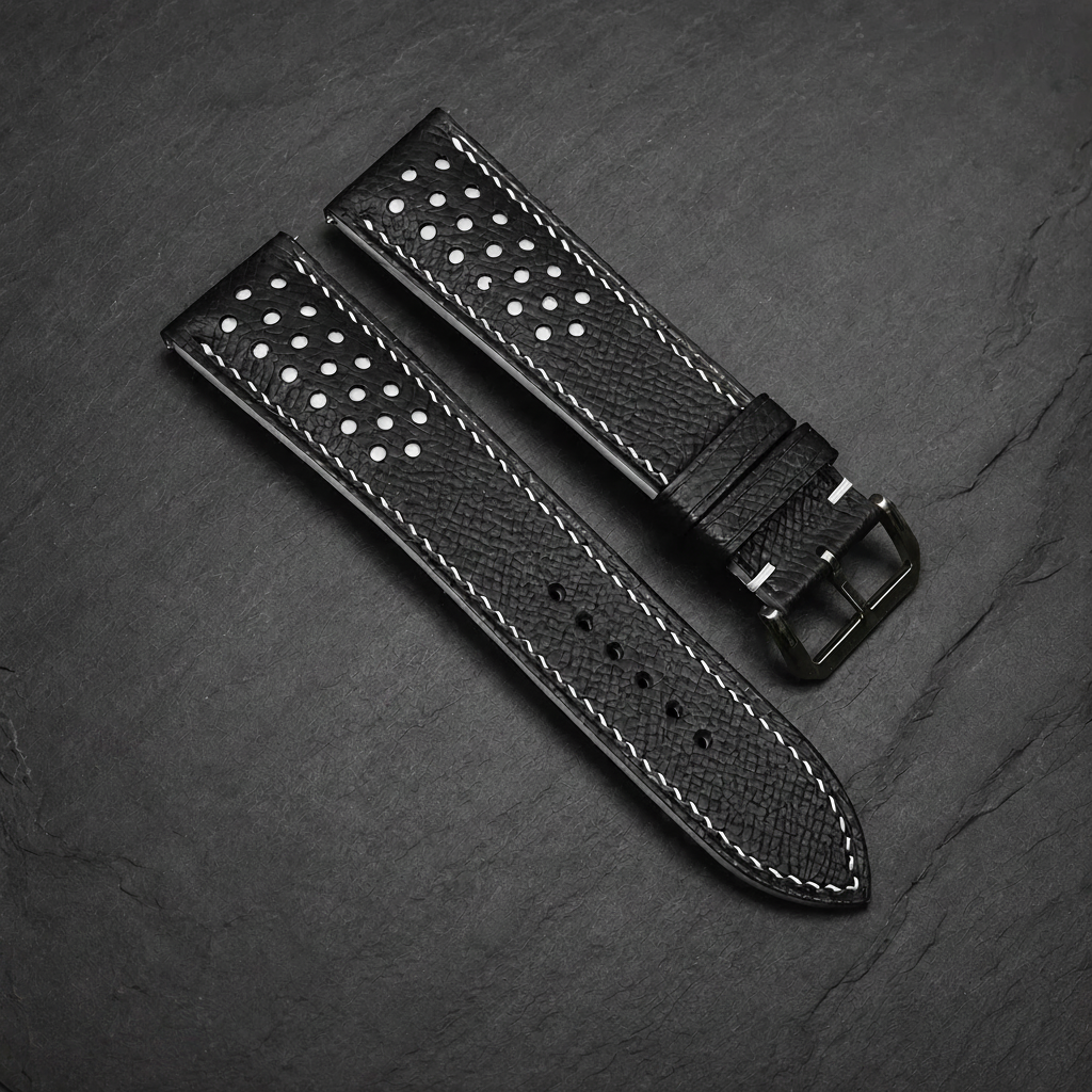 Black White Racing Epsom Leather Watch Strap - Handmade Quick Release Band