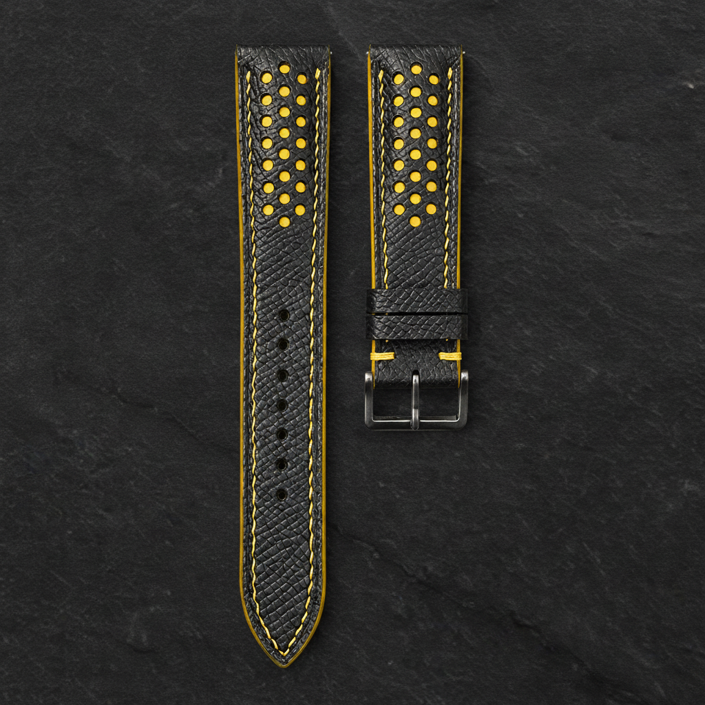 Black Yellow Racing Epsom Leather Watch Strap - Handmade Quick Release Band