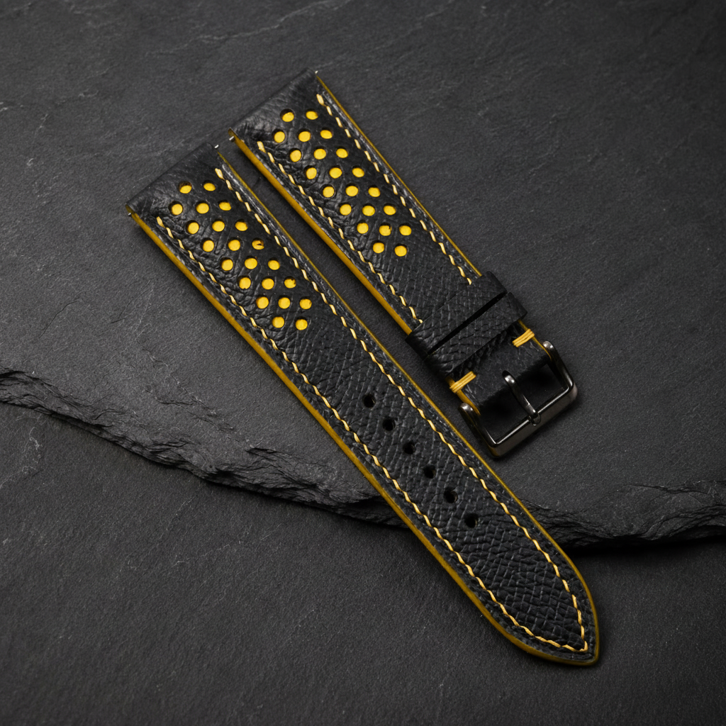 Black Yellow Racing Epsom Leather Watch Strap - Handmade Quick Release Band