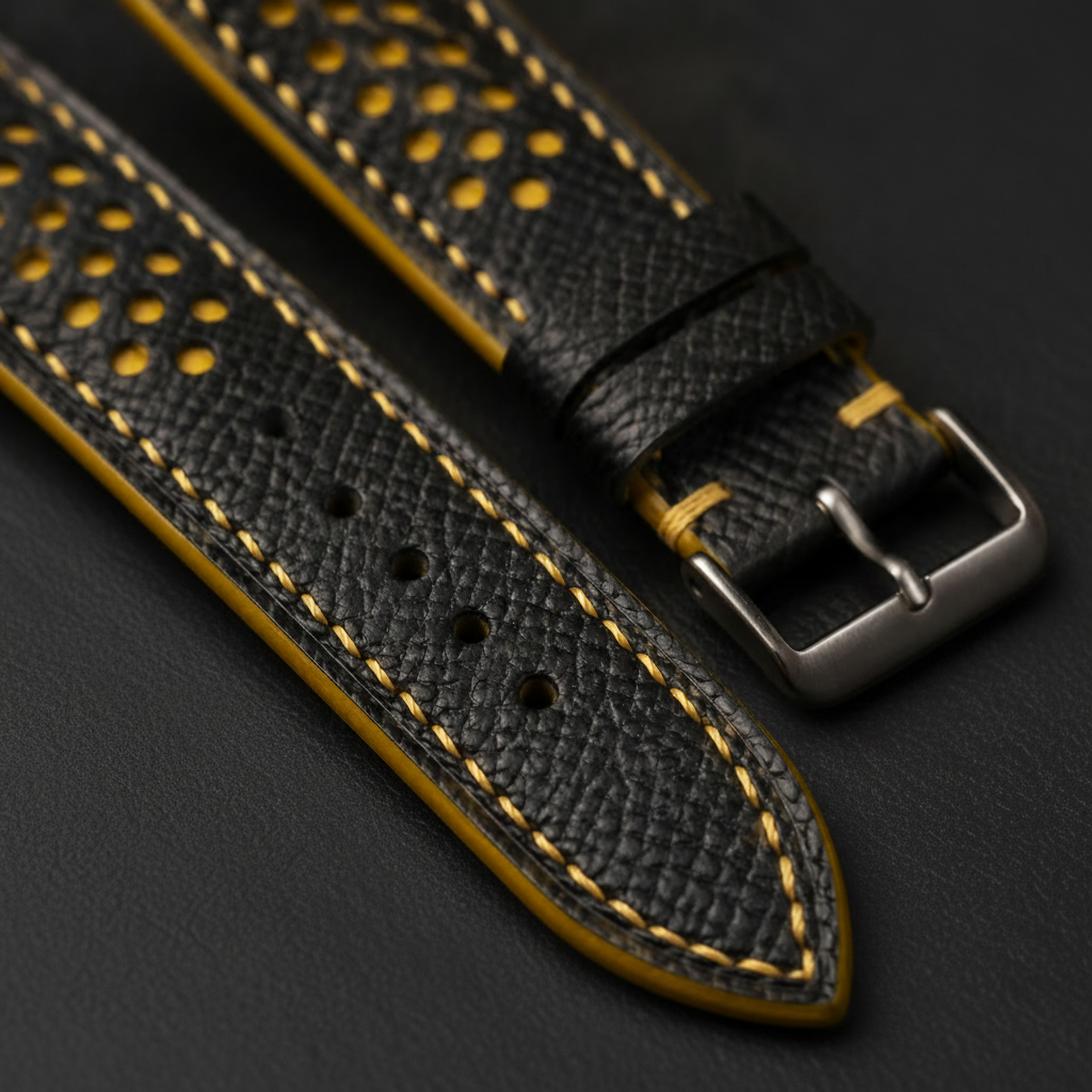 Black Yellow Racing Epsom Leather Watch Strap - Handmade Quick Release Band