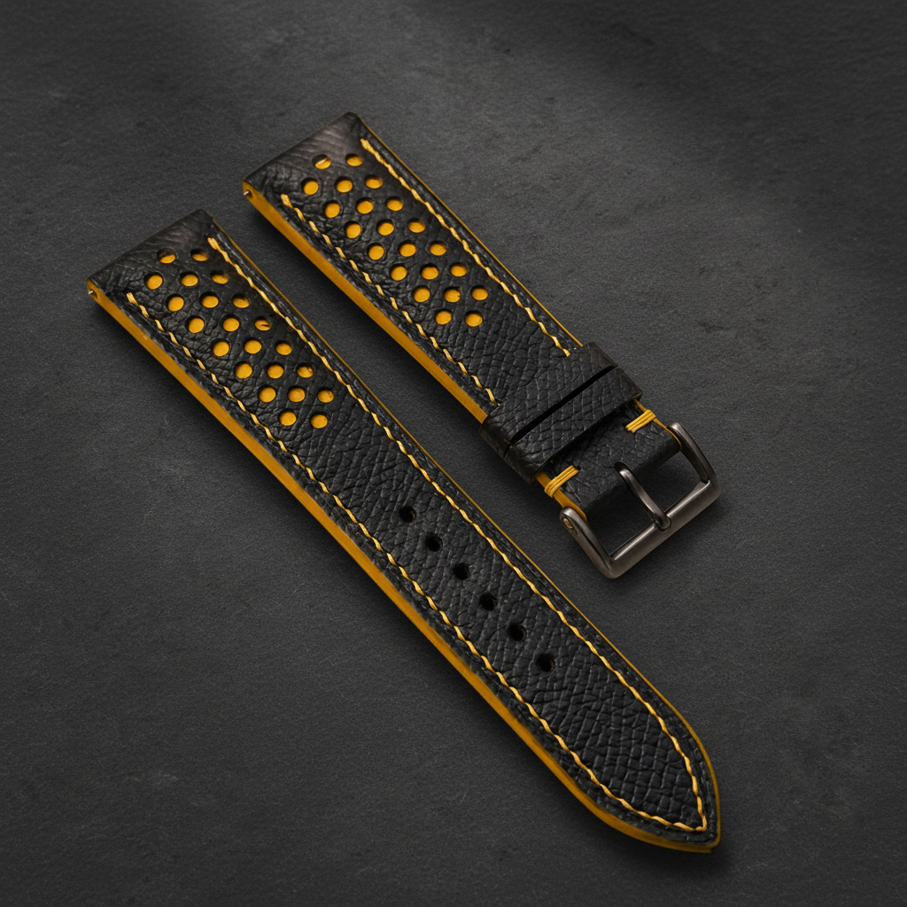 Black Yellow Racing Epsom Leather Watch Strap - Handmade Quick Release Band