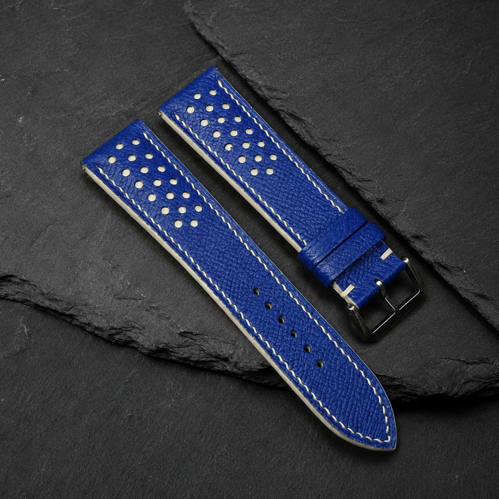 Blue And Cream Small Racing Epsom Leather Watch Strap - Handmade