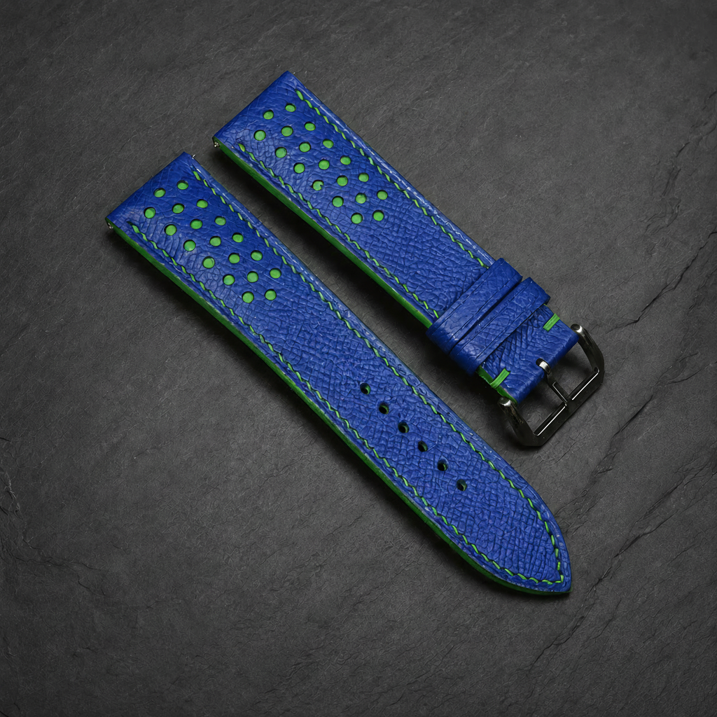 Blue And Green Small Racing Epsom Leather Watch Strap - Handmade