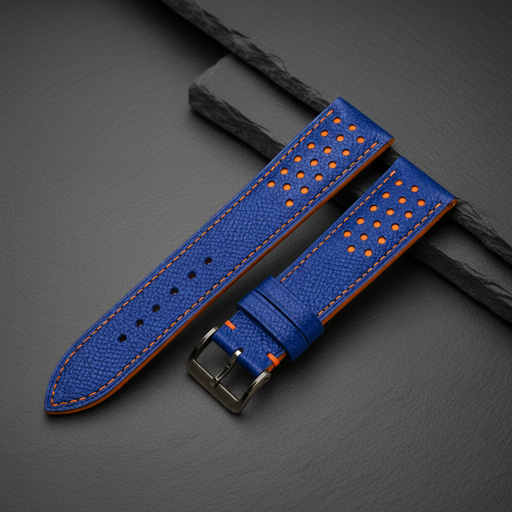 Blue And Orange Small Racing Epsom Leather Watch Strap - Handmade