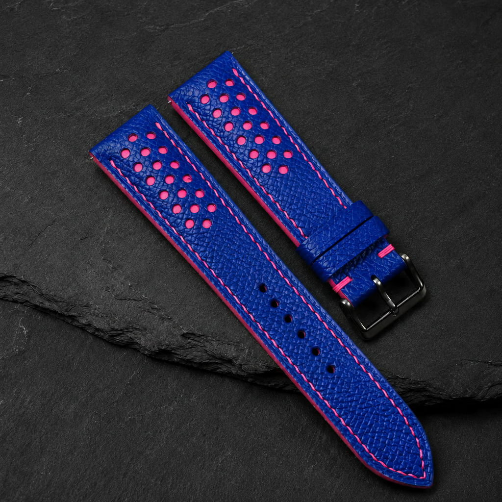 Blue And Pink Small Racing Epsom Leather Watch Strap - Handmade