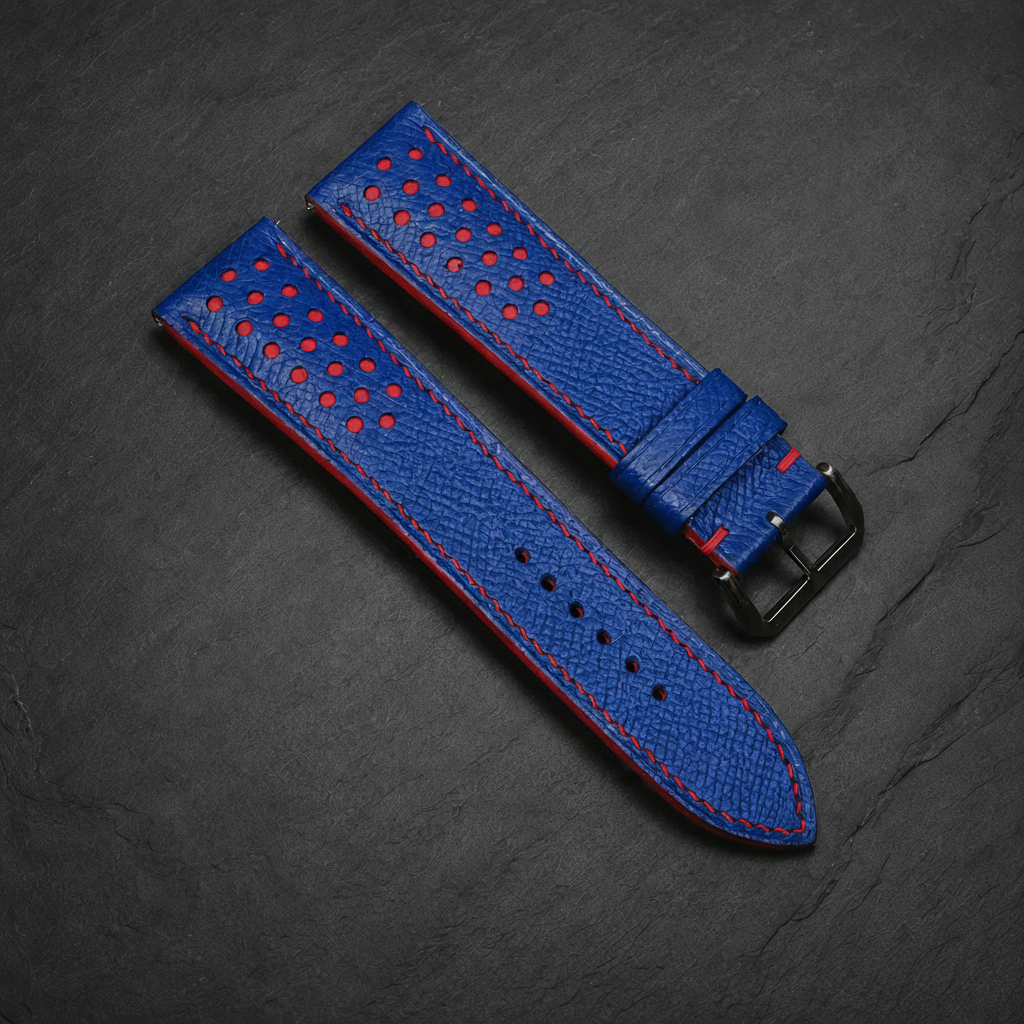 Blue And Red Small Racing Epsom Leather Watch Strap - Handmade