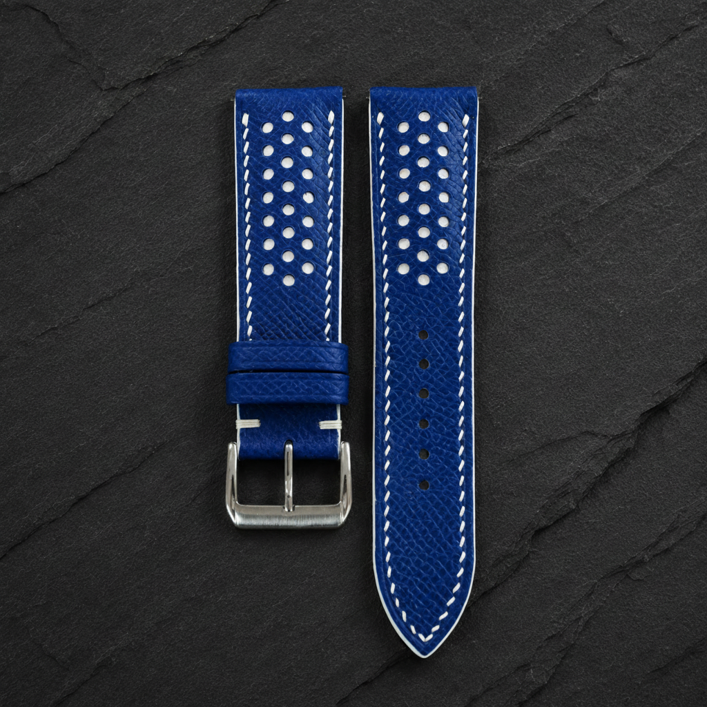 Blue And White Racing Epsom Leather Watch Strap - Handmade